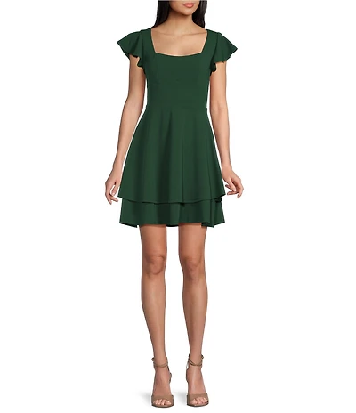 Midnight Doll Scuba Crepe Flutter Sleeve Double Hem Fit-And-Flare Dress