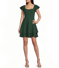 Midnight Doll Scuba Crepe Flutter Sleeve Double Hem Fit-And-Flare Dress