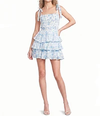 Midnight Doll Seashell Print Tie Shoulder Smocked Tiered Dress