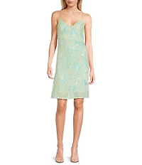 Midnight Doll Sequin Beaded Floral Patterned Mesh Rhinestone Strap Above Knee Dress