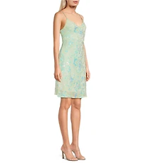 Midnight Doll Sequin Beaded Floral Patterned Mesh Rhinestone Strap Above Knee Dress