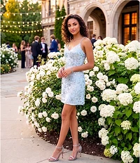 Midnight Doll Sequin Beaded Floral Patterned Mesh Rhinestone Strap Above Knee Dress