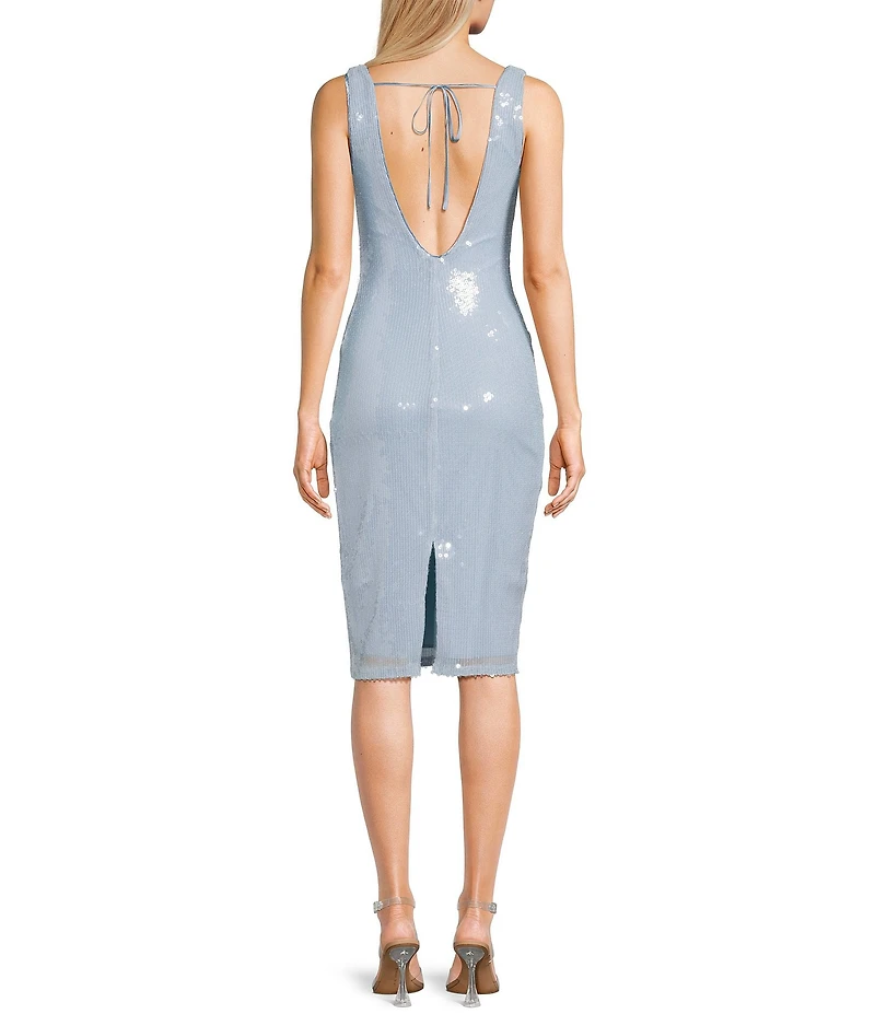 Midnight Doll Sequin Embellished V-Neck Tie Accent Knee Length Dress