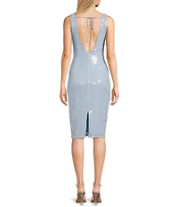 Midnight Doll Sequin Embellished V-Neck Tie Accent Knee Length Dress
