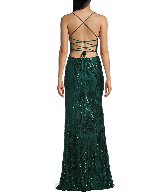 Midnight Doll Sequin Lace-Up Back Front Slit Long Dress at Hamilton Place  in Chattanooga, TN