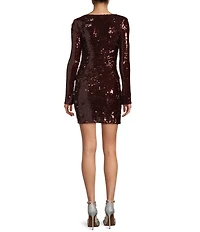 Midnight Doll Sequin Mesh Keyhole Rhinestone Tie Front Long Sleeve Mini Dress
