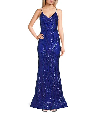 Midnight Doll Patterned Sequin Mesh Long Dress