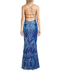Midnight Doll Sequin Pattern Scoop Neck Spaghetti Strap Side Slit Gown