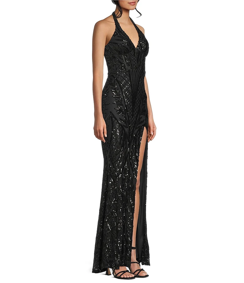 Midnight Doll Sequin Patterned Mesh Halter Neck Side Slit Dress