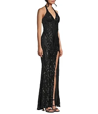 Midnight Doll Sequin Patterned Mesh Halter Neck Side Slit Dress