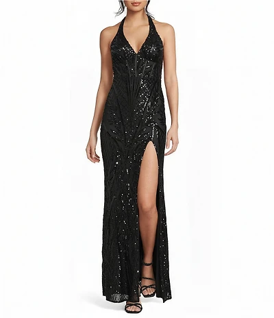 Midnight Doll Sequin Patterned Mesh Halter Neck Side Slit Dress