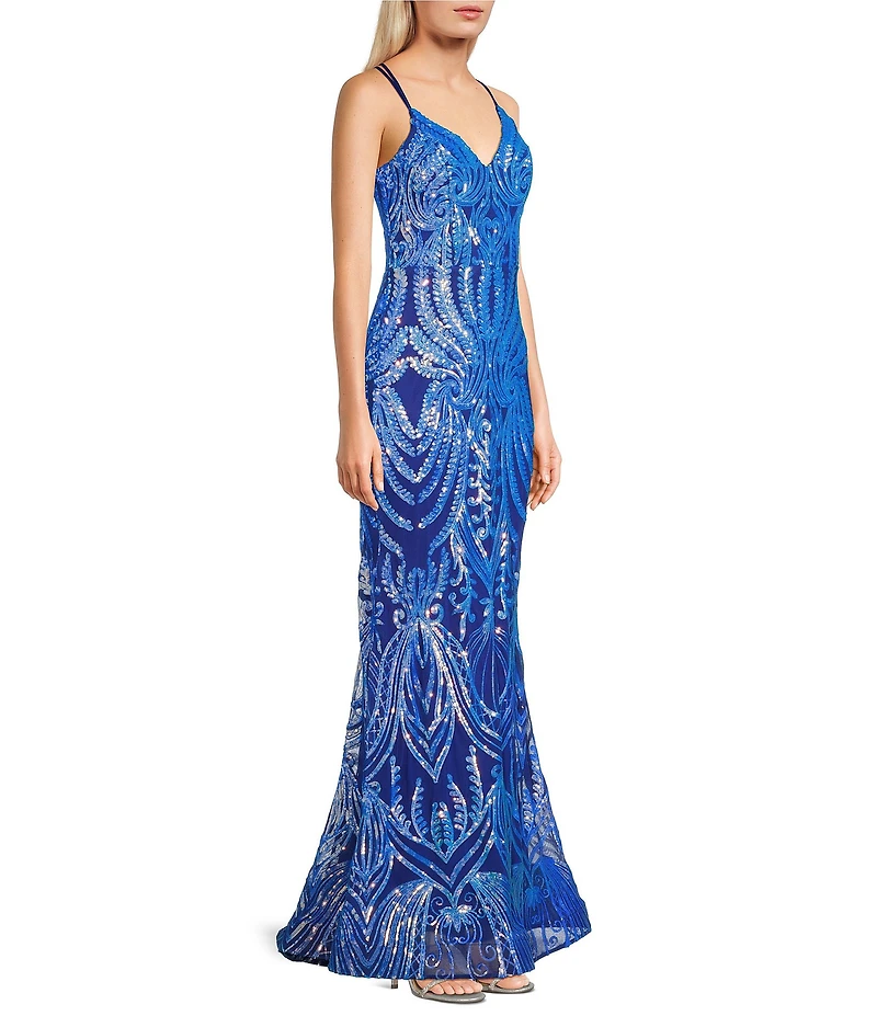 Midnight Doll Sequin Patterned Mesh V-Neck Dress