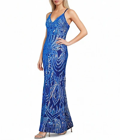 Midnight Doll Sequin Patterned Mesh V-Neck Dress