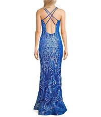 Midnight Doll Sequin Patterned Mesh V-Neck Long Dress