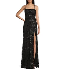 Midnight Doll Sequin Patterned Spaghetti Strap Square Neck Lace Up Back Side Slit Dress