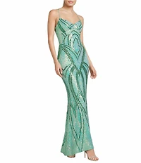 Midnight Doll Sequin Patterned V-Neck Pinch Front Lace Up Tie Back Long Dress