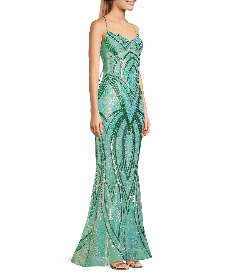 Midnight Doll Sequin Patterned V-Neck Pinch Front Lace Up Tie Back Long Dress