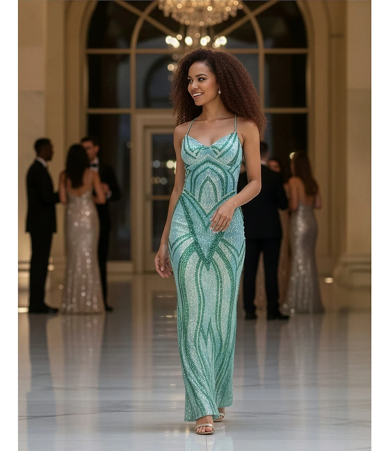 Midnight Doll Sequin Patterned V-Neck Pinch Front Lace Up Tie Back Long Dress