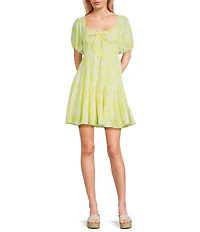 Midnight Doll Short Sleeve Floral Print Front Tie Front Tiered Dress