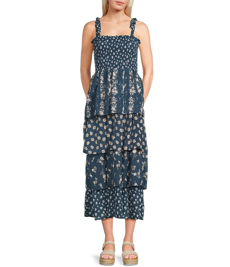 Midnight Doll Sleeveless Floral Printed Tiered Midi Dress