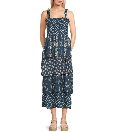 Midnight Doll Sleeveless Floral Printed Tiered Midi Dress