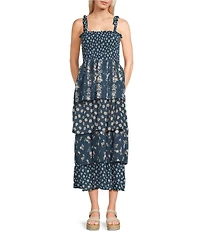 Midnight Doll Sleeveless Floral Printed Tiered Midi Dress
