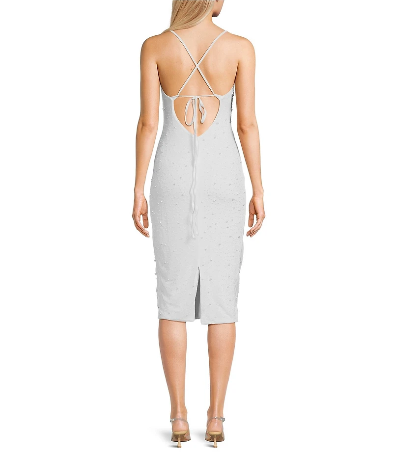 Midnight Doll Sleeveless Mash Pearl Midi Bodycon Dress