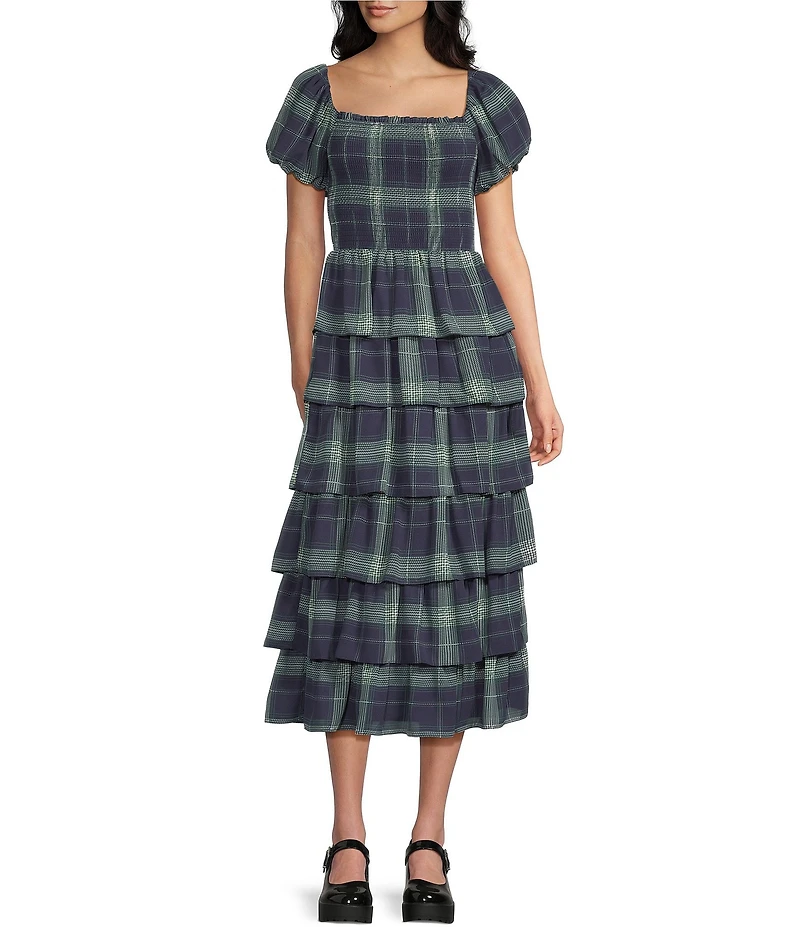 Midnight Doll Smocked Plaid Puffed Sleeve Ruffle Tiered Maxi Dress