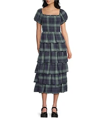 Midnight Doll Smocked Plaid Puffed Sleeve Ruffle Tiered Maxi Dress