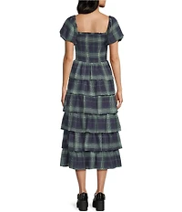 Midnight Doll Smocked Plaid Puffed Sleeve Ruffle Tiered Maxi Dress