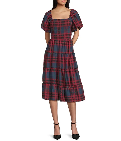 Midnight Doll Smocked Plaid Square Neck Puff Sleeve Midi Dress