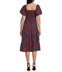 Midnight Doll Smocked Plaid Square Neck Puff Sleeve Midi Dress