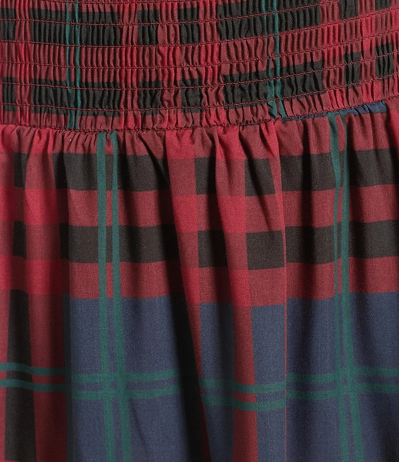 Midnight Doll Smocked Plaid Square Neck Puff Sleeve Midi Dress