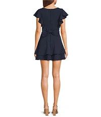 Midnight Doll Solid Scuba Crepe Short Sleeve Boat Neck Bow Back Double Ruffle Dress