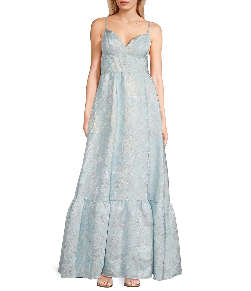 Midnight Doll Spaghetti Strap Brocade Corset Detail Gown