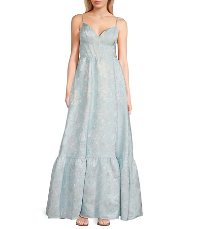 Midnight Doll Spaghetti Strap Brocade Corset Detail Gown