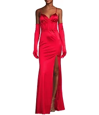 Midnight Doll Spaghetti Strap Corset Satin Gloves Long Dress