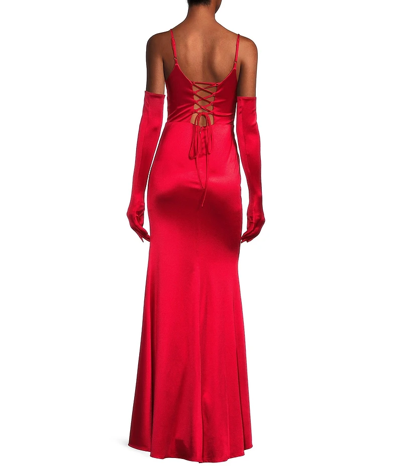 Midnight Doll Spaghetti Strap Corset Satin Gloves Long Dress