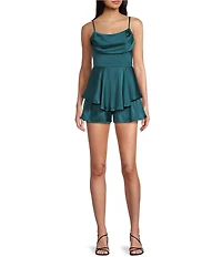 Midnight Doll Spaghetti Strap Drape Front Bodice Tiered Bottom Romper