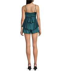 Midnight Doll Spaghetti Strap Drape Front Bodice Tiered Bottom Romper