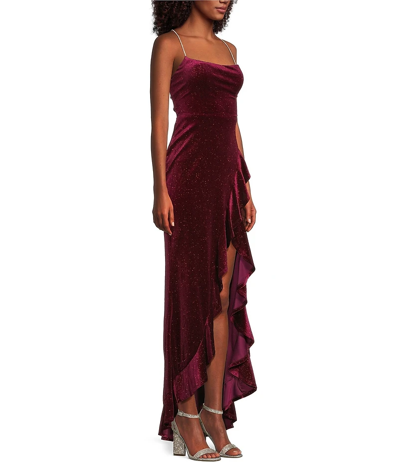 Midnight Doll Spaghetti Strap Glitter Velvet Rhinestone Ruffle Detail Dress