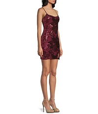 Midnight Doll Spaghetti Strap Scoop Neck Floral Sequin Pattern Bodycon Dress