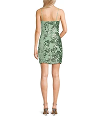 Midnight Doll Spaghetti Strap Scoop Neck Floral Sequin Pattern Bodycon Dress