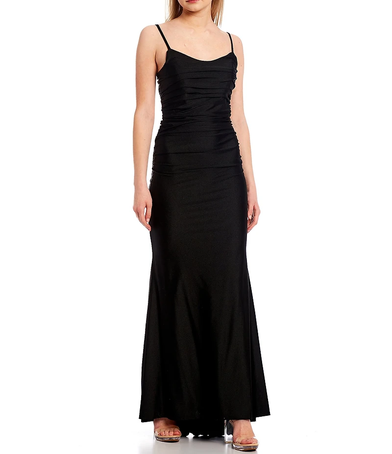 Midnight Doll Spaghetti Strap Scoop Neck Strappy Back Long Satin Dress