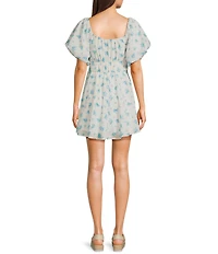 Midnight Doll Square Neck Short Bubble Sleeve Tie Front Skater Dress