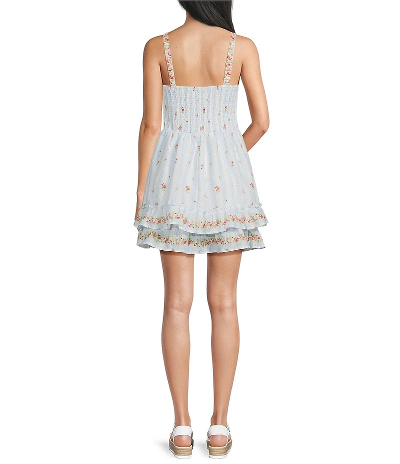 Midnight Doll Striped Floral Printed Sweetheart Neck Ruffled Dress