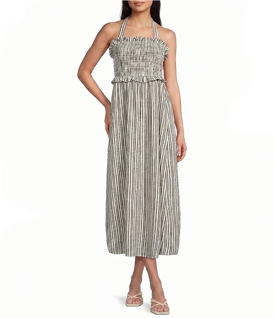 Midnight Doll Striped Halter Neck Smocked Tie Back Maxi Dress