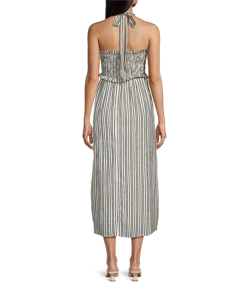 Midnight Doll Striped Halter Neck Smocked Tie Back Maxi Dress