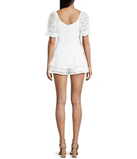 Midnight Doll Sweetheart Neck Short Puff Sleeve Tiered Lace Romper