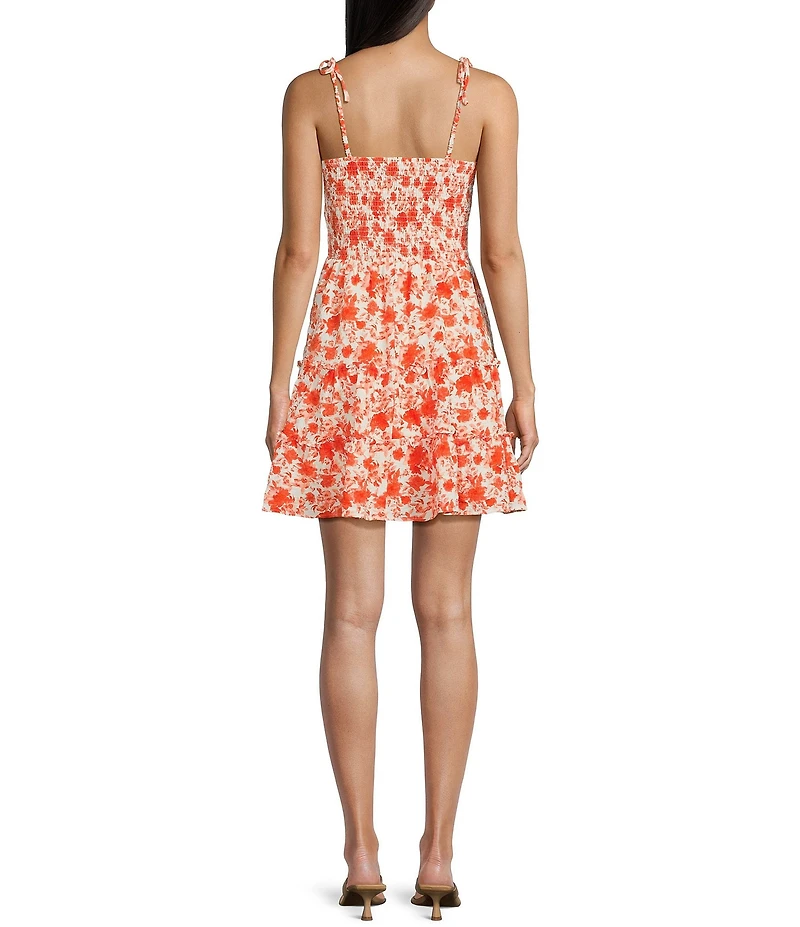 Midnight Doll Textured Floral Print Tie Strap V-Neck Tiered Dress